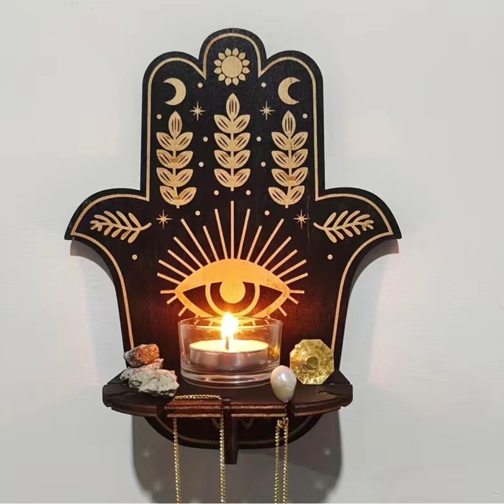 Hamsa Hand Wood Candle Holder Shelf